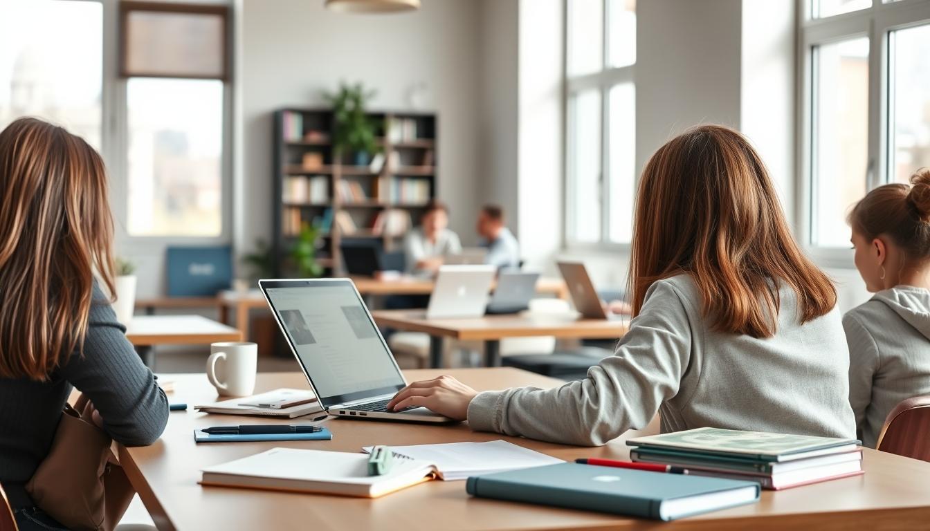 Students studying together in modern classroom